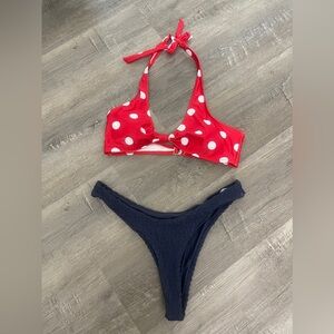 Women’s Bikini Size Medium Red White Polka Dot Top & Blue Bottoms 4th of July